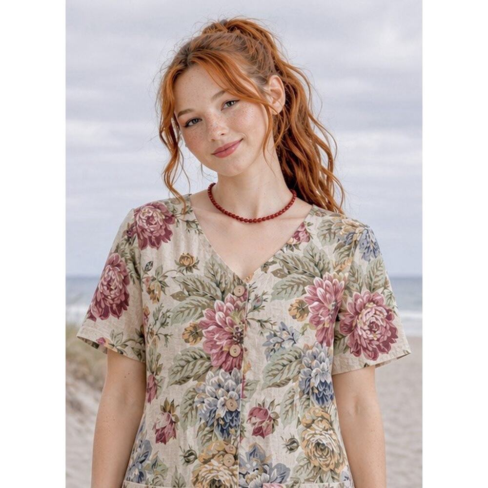 Vintage Melons Hawaii Linen Dress Petite Floral Button Front Cottagecore Midi